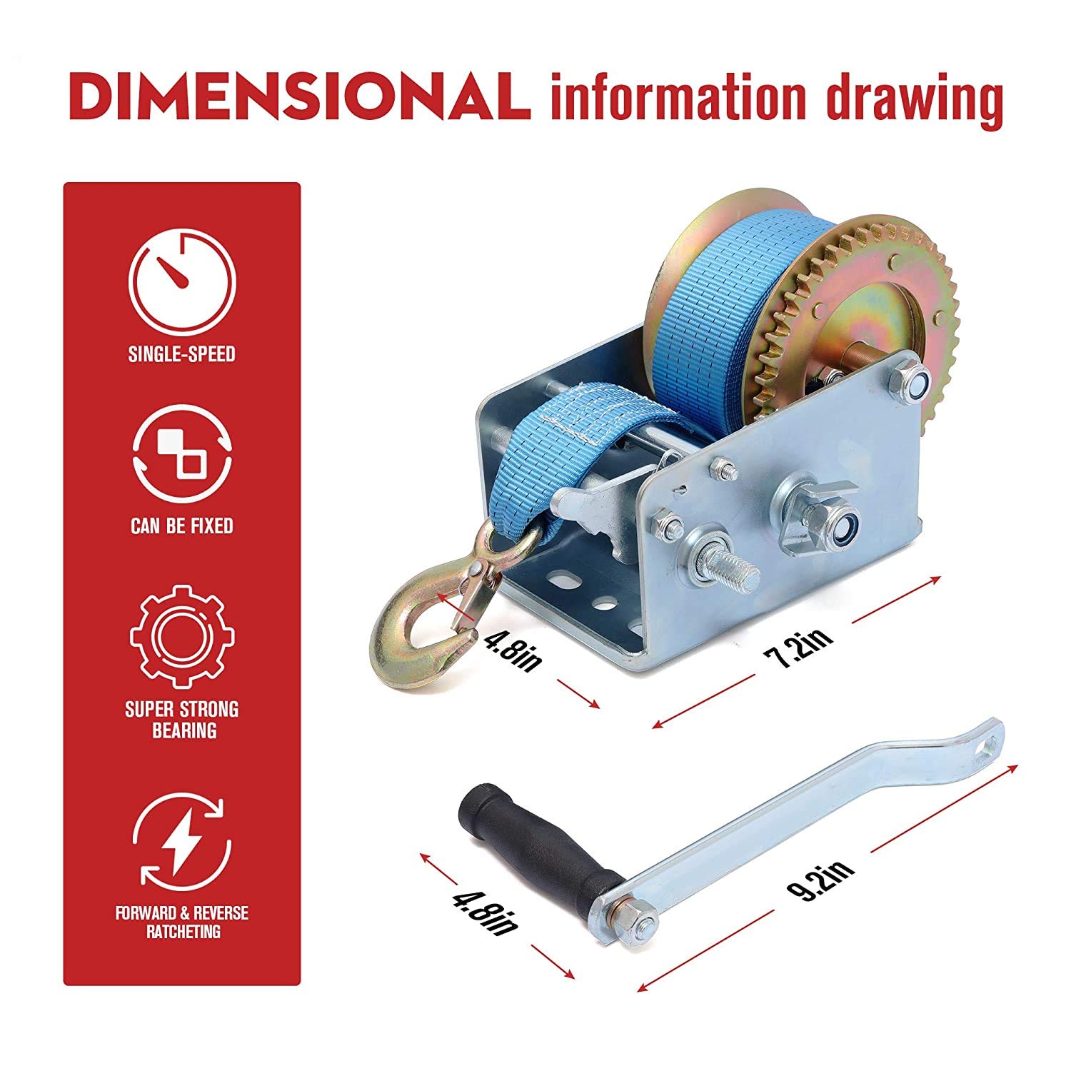 BULLETSHAKER 3200LBS Polyester Strap 2 Gear Hand Winch Hand Crank Gear Winch ATV Boat Trailer Pack of 2
