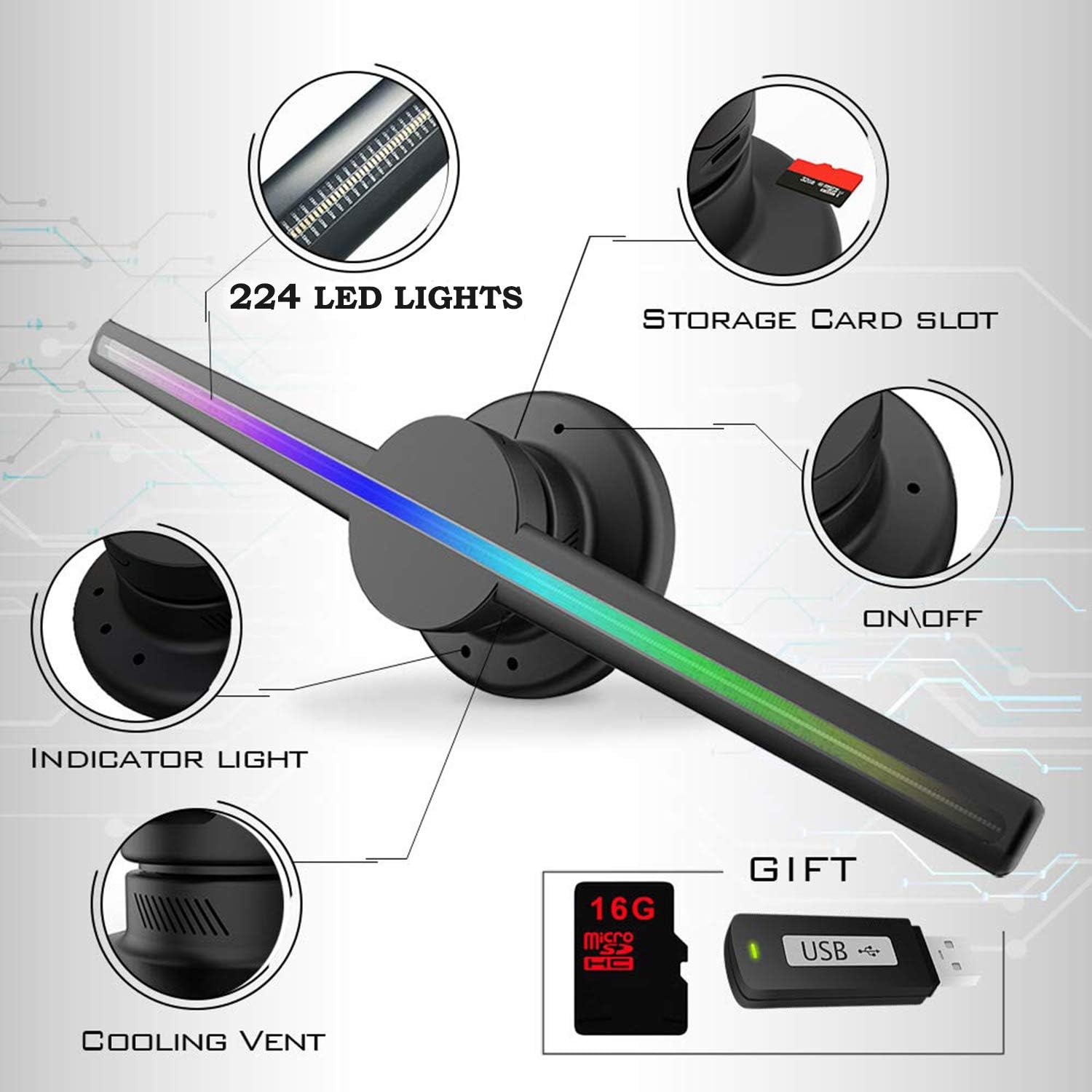 CACACOL 3D Hologram Advertising Fan 720p HD Wi-Fi Holographic Display Air Fan Video Projector 224 Lights 16.5 inch