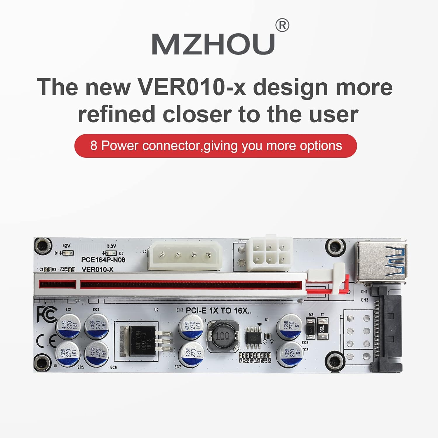 MZHOU PCI-E 1X to 16X Riser Card - Graphics Extension Powered Riser Adapter Card with 24in USB 3.0 Extension Cable for GPU Mining（White-6 Pieces） Pack of 2