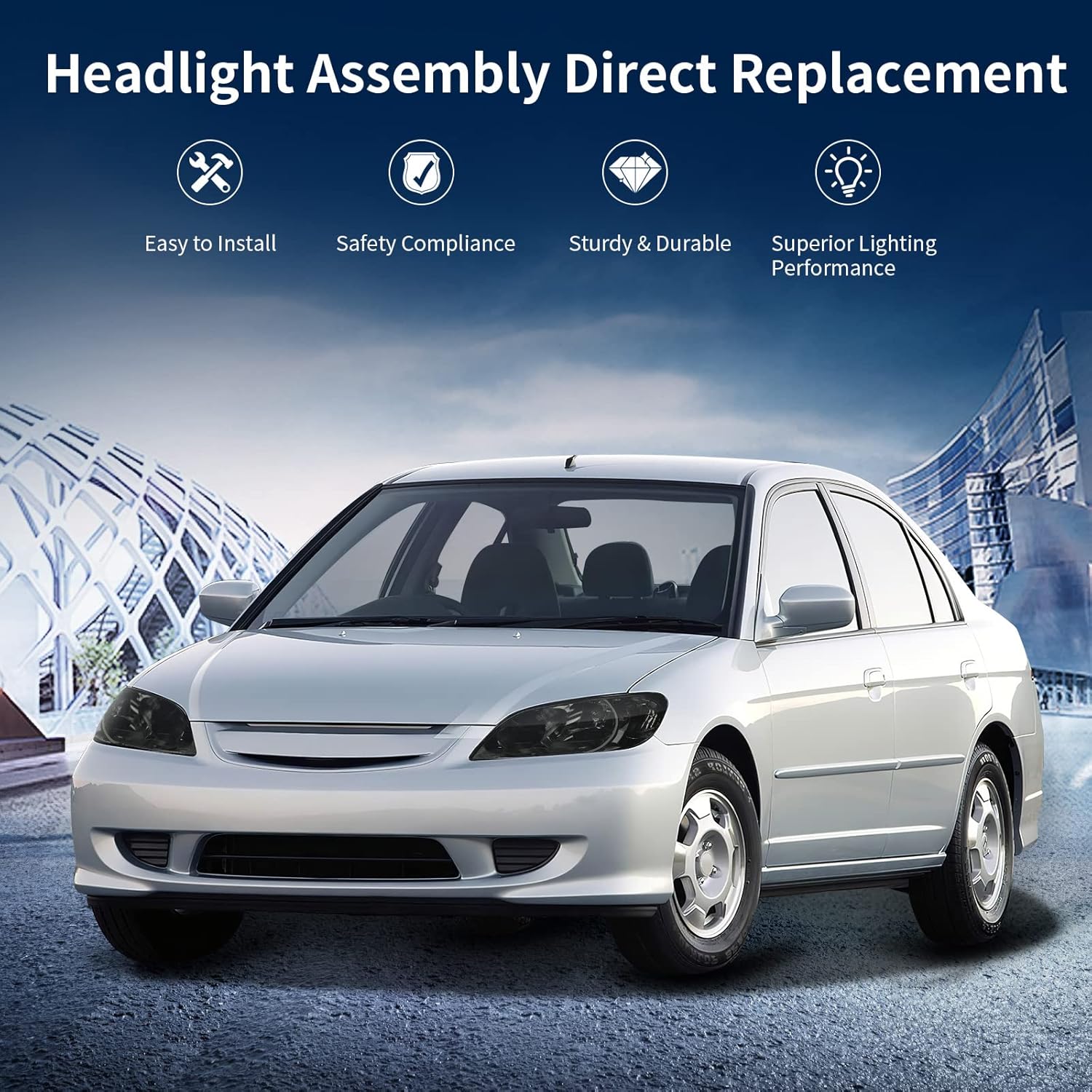 AUTOSAVER88 Headlight Assemblies Compatible with 04 05 2004 2005 Civic Headlamps Black Housing Amber Reflector Smoke Lens