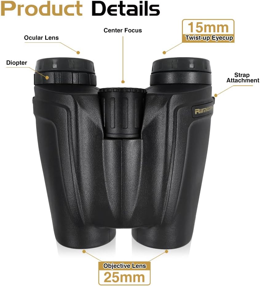 RIMUSH Compact Binoculars 12x25 Binoculars for Adults Kids with BAK4 Roof Prism FMC Lens Twist-up Eyecups for Birds Watching Hunting Concerts Traveling Outdoor Sports