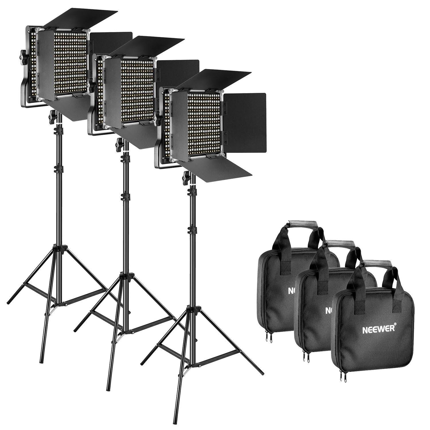 Neewer 3 Pieces Bi-Color 660 LED Video Light and Stand Kit Includes: 3200-5600k CRI 96+ Dimmable Light with U Bracket and Barndo