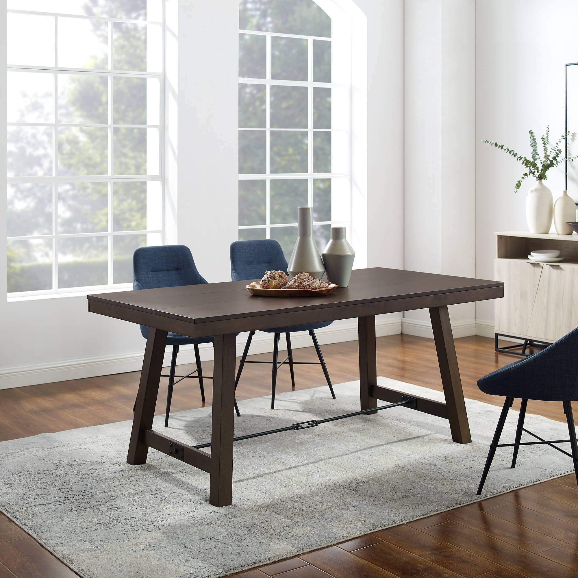 Tanya Modern Farmhouse Metal Stretcher Dining Table Dark Brown Oak - Saracina Home