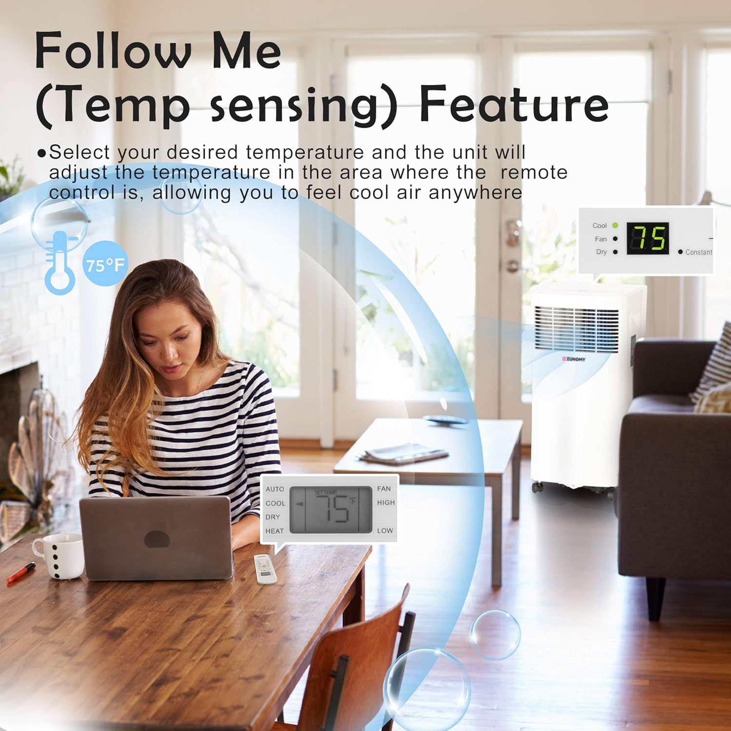 EUHOMY 8,000 BTU Portable Air Conditioner Dehumidifier, portable ac unit with Remote Control, floor air conditioner with Window Installation Kit For Room, Office, Dorm, Bedroom, White