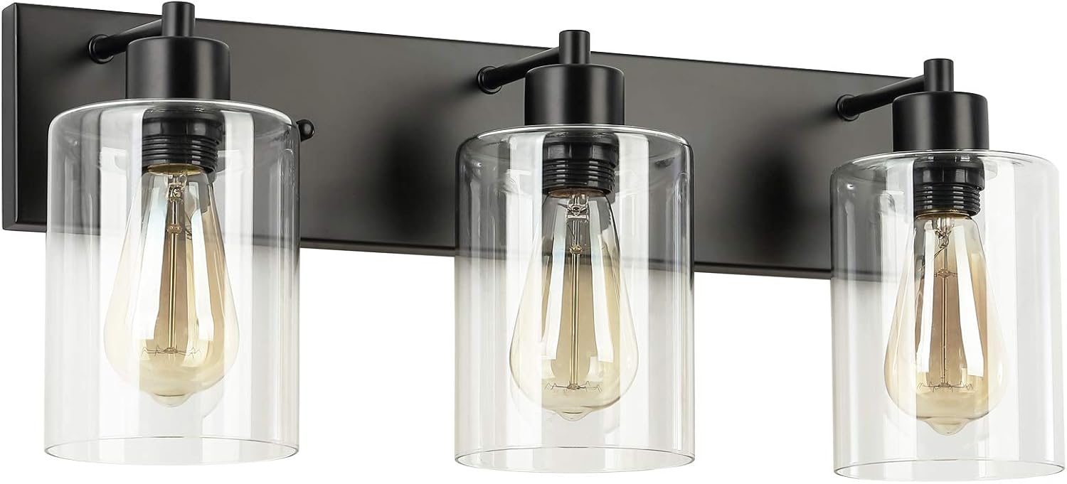 ZZ Joakoah&reg; Vintage 3-Light Bathroom Vanity Light with Clear Glass Shades, Black Metal Wall Lamp Sconce Light Fixture for Bathroom