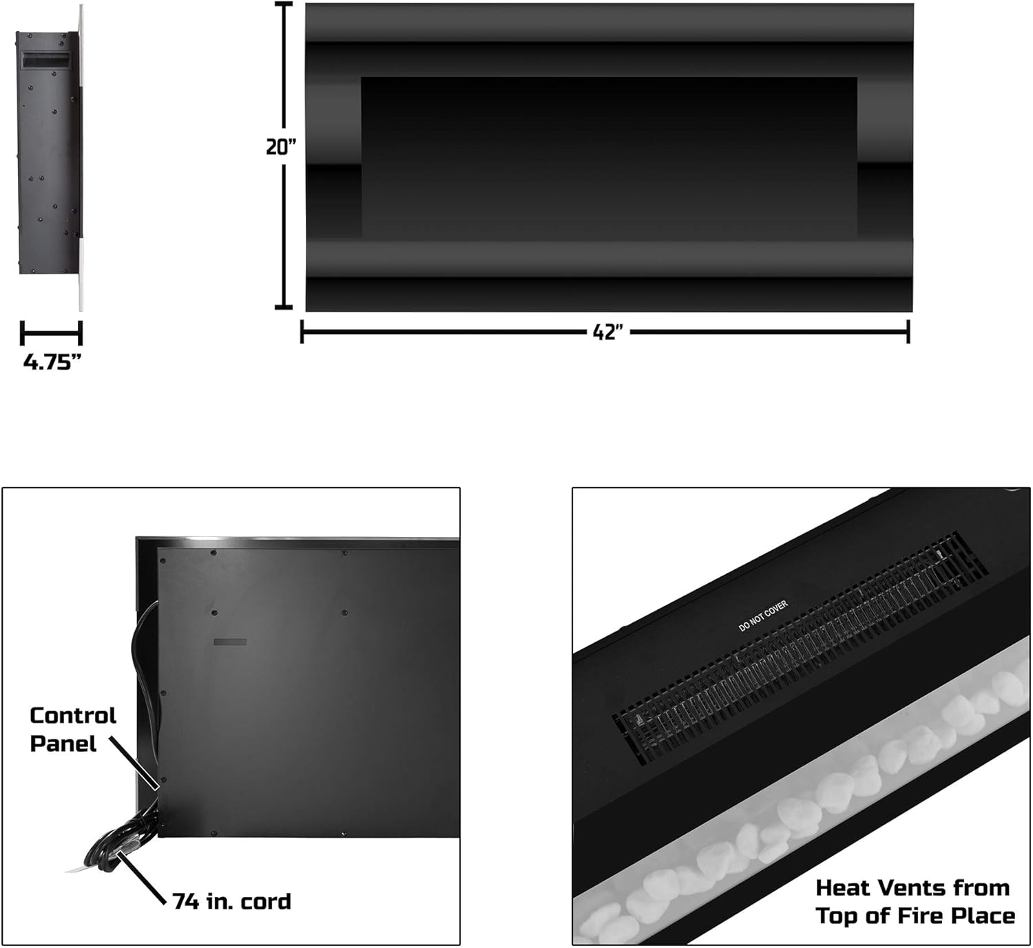 Northwest Fire and Ice 42 inch Electric 42-inch Wall-Mounted Fireplace Heater with LED Remote-Adjustable Heat Level, Brightness, and Flame Color, (L) x (W) 4.75” x (H) 20”, Black