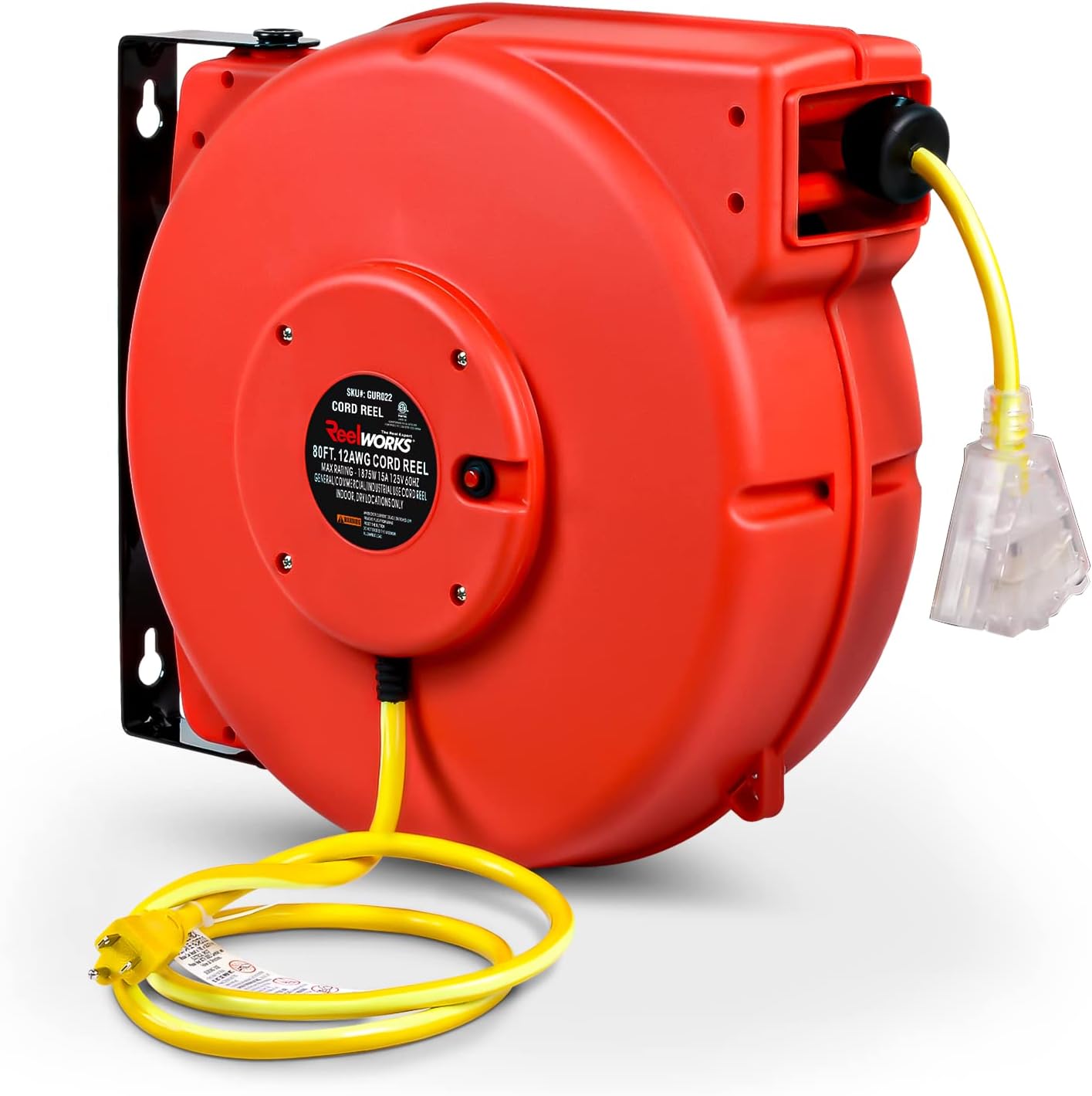 ReelWorks Extension Cord Reel Retractable Longest Industrial 12awg x 80' Foot Commercial Premium Grade Ultra Flexible 3C/SJTOW Glow Strip Cable and Led Light Up Triple Tap Connector Use Indoor/Outdoor