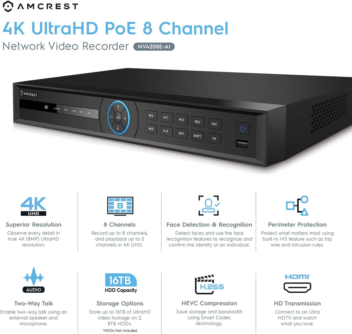 Amcrest 4K NV4208E-AI 8-Channel AI NVR (8-Port PoE) Smart NVR, Facial Recognition, Facial Detection & Vehicle Detection - Supports 8 x 4K IP Cameras, Supports up to 2 x 8TB Hard Drives (Not Included)