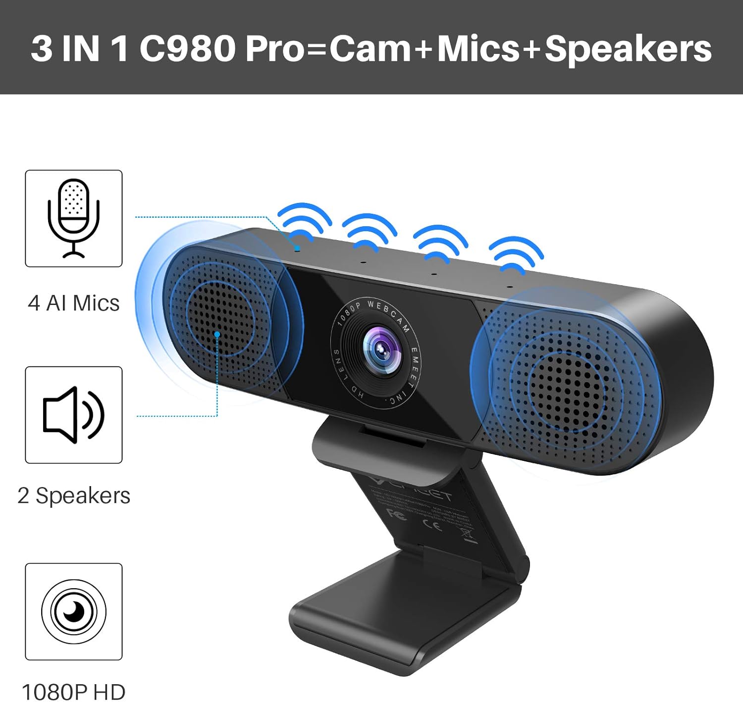 3 in 1 Webcam - eMeet C980 Pro Webcam with Microphone, 2 Speakers & 4 Built-in Omnidirectional Microphones Arrays, 1080P Webcam for Video Conferencing Streaming, Noise Reduction, Plug & Play, w/Cover Pack of 2