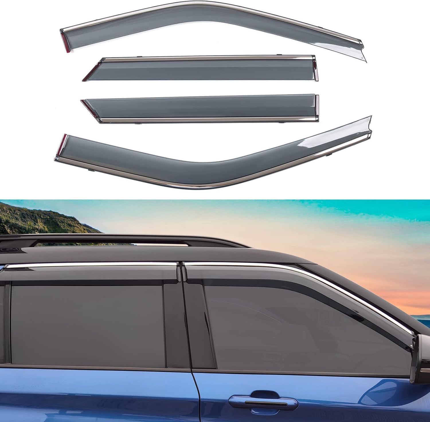 powoq Fit 2020-2022 Ford Explorer Window Rain Guards Window Visor Ventvisor Tape-on Vent Visor Side Window Deflector for Ford Explorer Accessories 2020 2021 2022, with Silver Strip