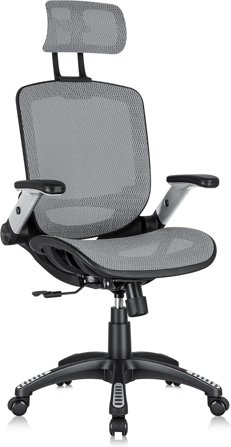 GABRYLLY Mesh Office Chair, High-Back Ergonomic Chair with Flip-up Arms, Grey
