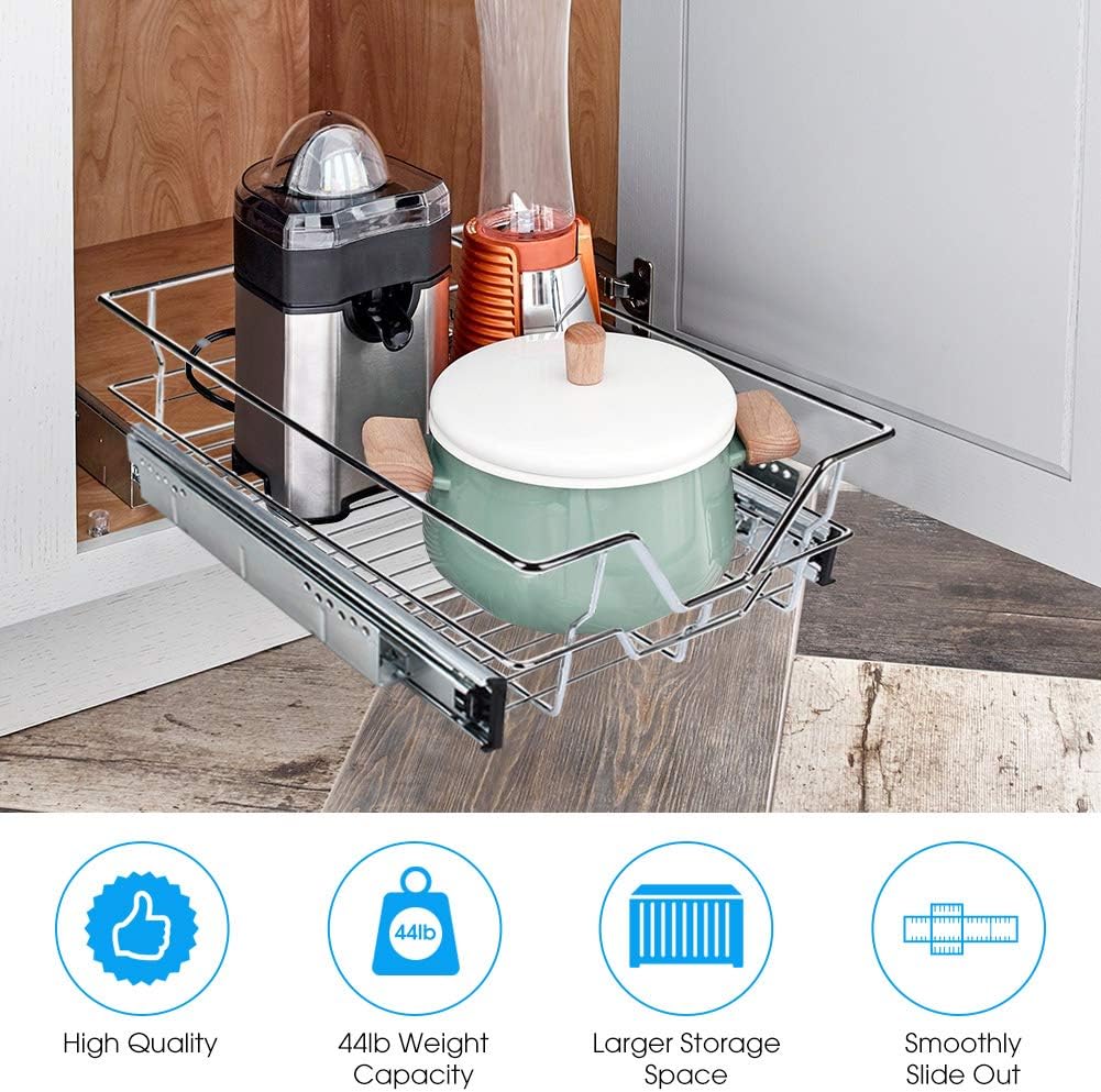 Kitchen Sliding Organizer, Cocoarm Pull Out Cabinet Shelf Sliding Drawer Organizer Chromes Wire Pots Pans Storage Basket for Kitchen Cabinet Bathroom, 12.4