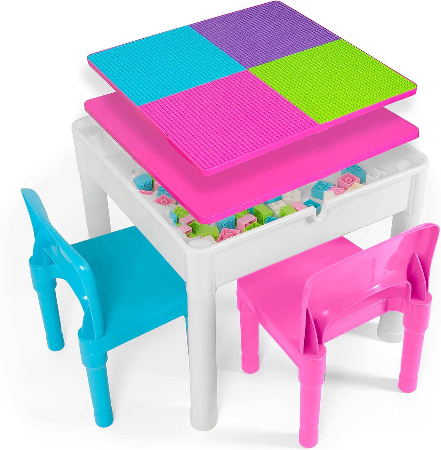 Play Platoon Kids Activity Table Set - 5 in 1 Water Table, Building Block Table, Craft Table and Sensory Table with Storage - Includes 2 Chairs and 25 Ex-Large Blocks &ndash; Primary Colors