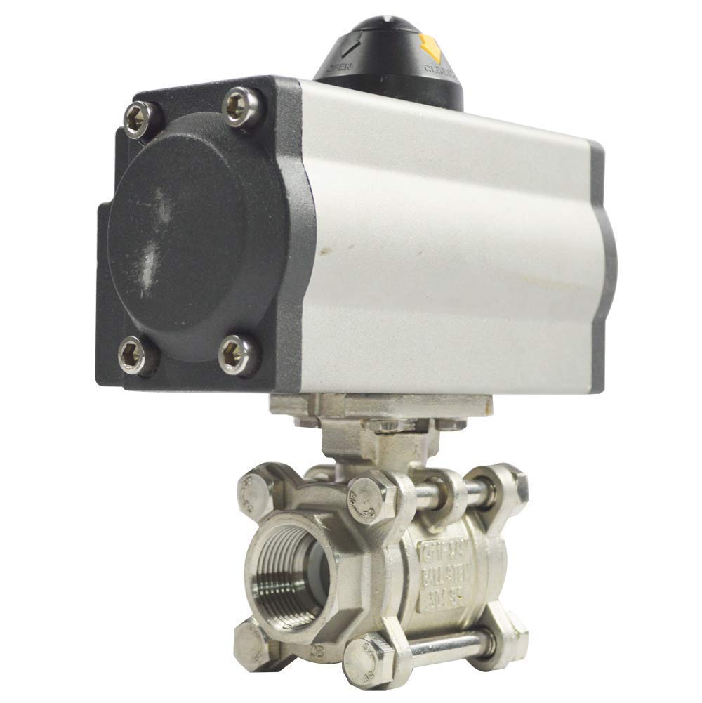 INTSUPERMAI Three-Piece 3/4inch Pneumatic Actuated Ball Valve Single Acting Globe Threaded 304 Stainless Steel for Automatic Control System
