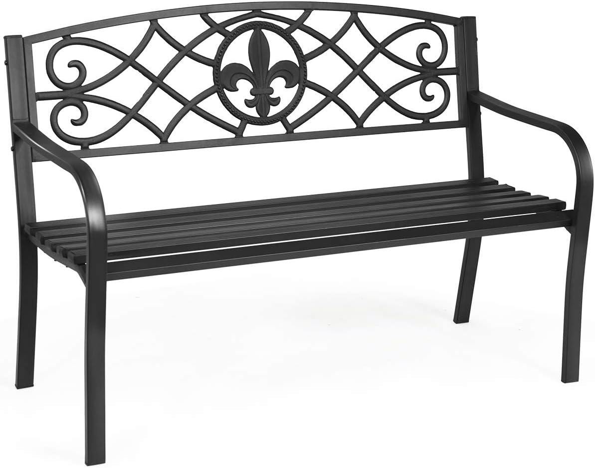 Giantex 50inch Patio Garden Bench, Heavy-Duty Metal Park Bench, Powder Coated Cast Iron Steel Frame, Outdoor Loveseat with Pattern Backrest for Garden Backyard Lawn Porch Path
