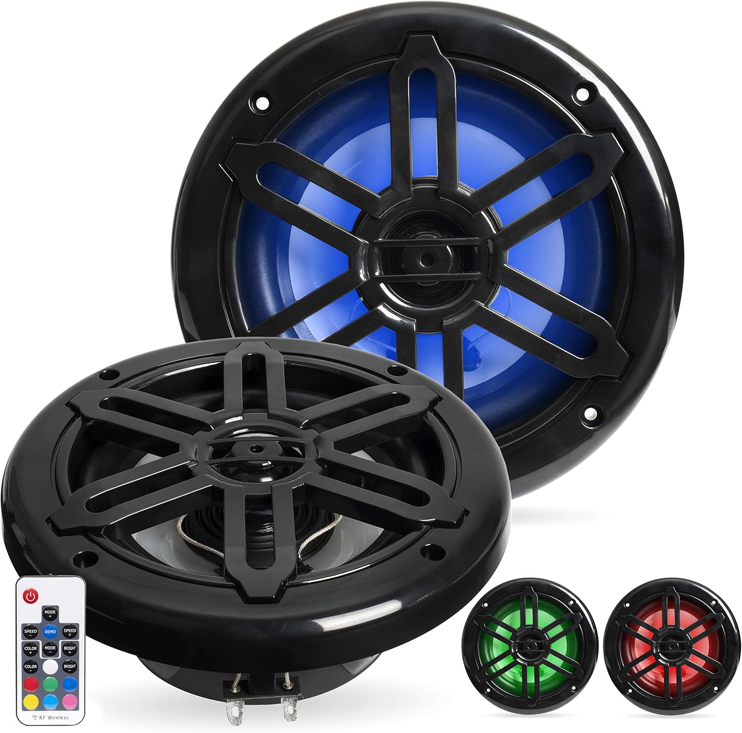 Belva BMRGBBK 500 Watt Peak Black 6.5-inch 2-Way Water-Resistant Marine Speakers with RGB Illumination Pack of 2