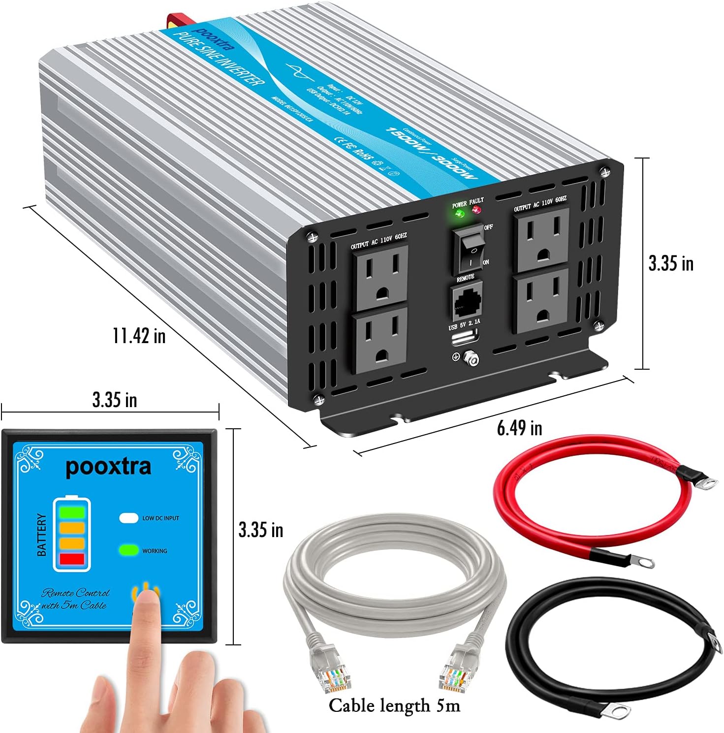 POOXTRA Power Inverter 1500 Watt Pure Sine Wave Inverter 12V DC to 110V/120V AC Converer with 4 AC Outlets,2.1A USB Ports,16.4ft Remote Control and Dual Cooling Fans-Peak 3000W