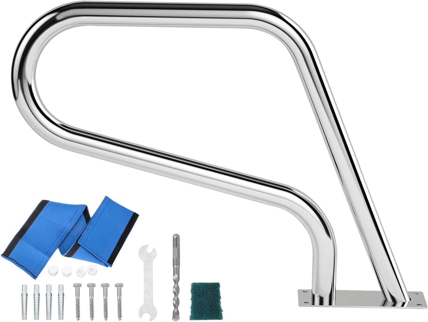 Worcest Pool Rail 32x23 Pool Railing for Inground Pool 304 Stainless Steel Swimming Pool Handrail 250LBS Load Capacity Rustproof Pool Ladders Rail with Blue Grip Cover & Anchors Screws
