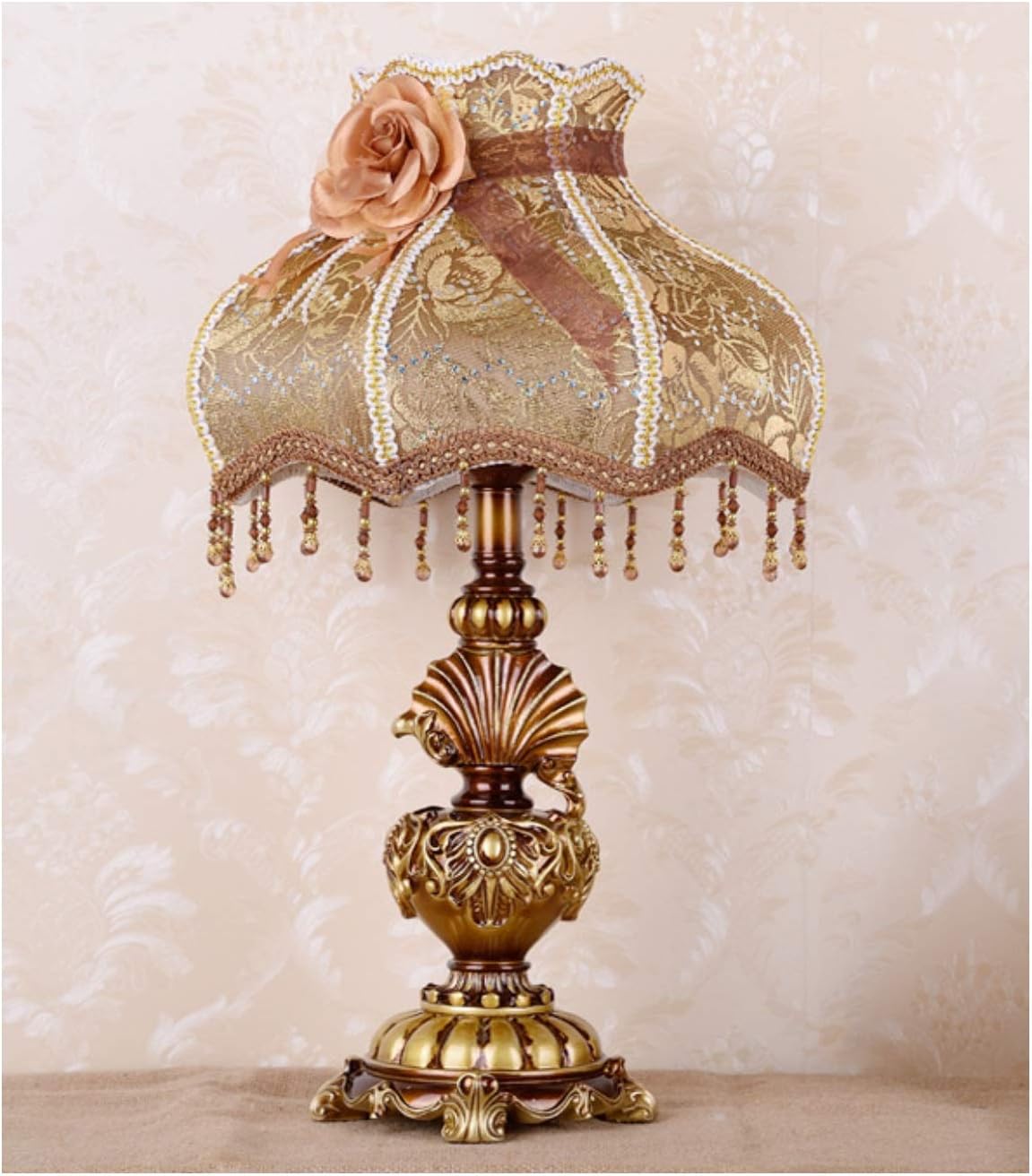Traditional Table Lamp Brown Handmade Victorian Style Lace Fabric Lampshade Bedside Lamp Antique Painted Resin Base Desk Lamp for Bedroom Living Room Office, 13
