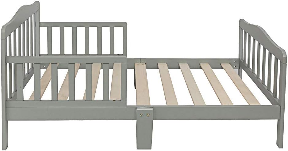 NUFR Home Toddler Bed with Guardrail Classic Wooden Kids Bed Frame Toddler Bedding Bedroom Funiture for Kids Children - Grey US WarehouseAC255
