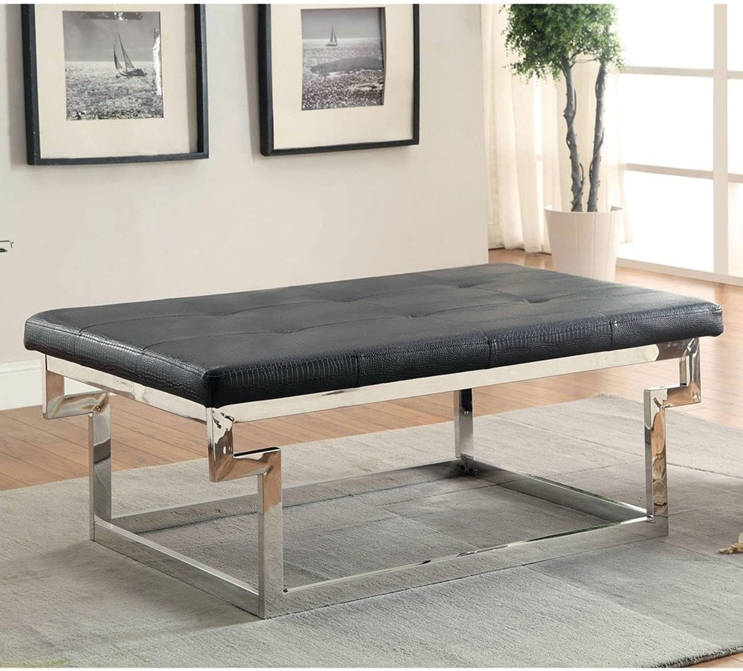 Furniture of America Babbie Contemporary Faux Crocodile Leather Large Accent Bench Black Black Finish