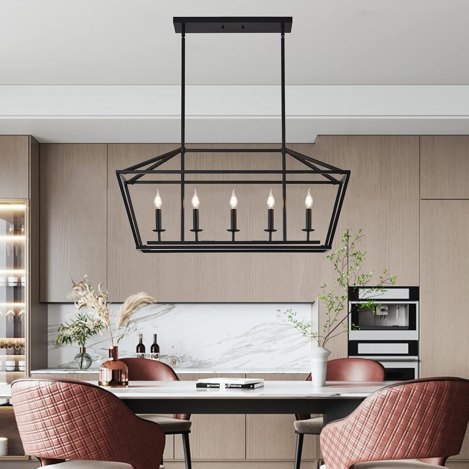 XILICON Kitchen Island Candle Rectangle Chandelier Light Fixture Linear 5 Light Dining Room Chandelier Farmhouse Black Modern Industrial Pendant Lighting for Kitchen Hallway Bar