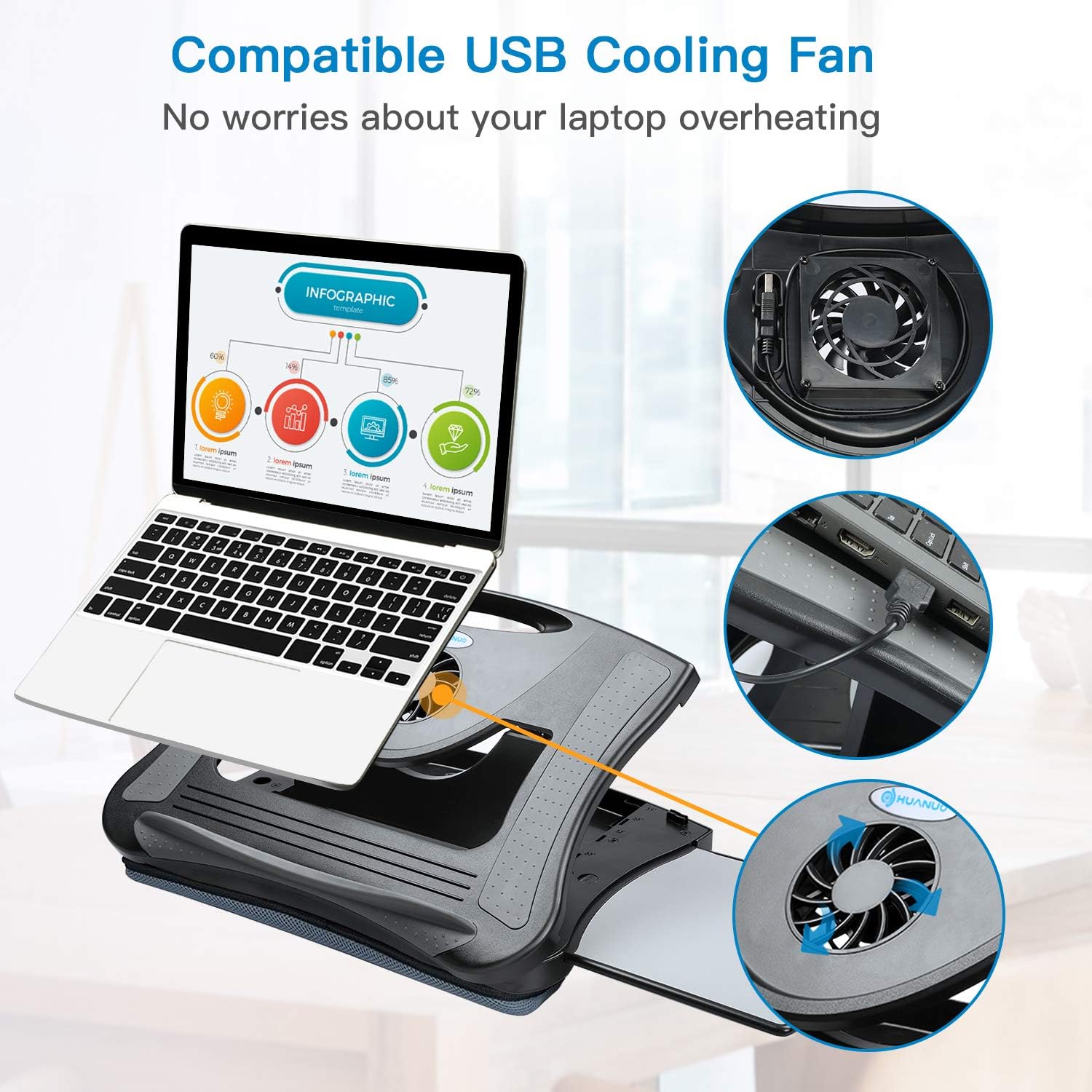 HUANUO Lap Desk with Cooling Fan, Laptop Lap Desk with 5 Adjustable Angles, Laptop Desk Fits 15.6 Inch Laptops, Lap Laptop Stand for Car with Detachable Mouse Pad & Mesh Cushion Lap Desk Writing Board