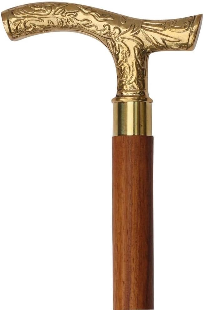 AnNafi Walking Cane Brown Ebony Brass T Shape Handel | Golden Tone Natural Wooden Walking Stick for Gentlemen| Pack of 2