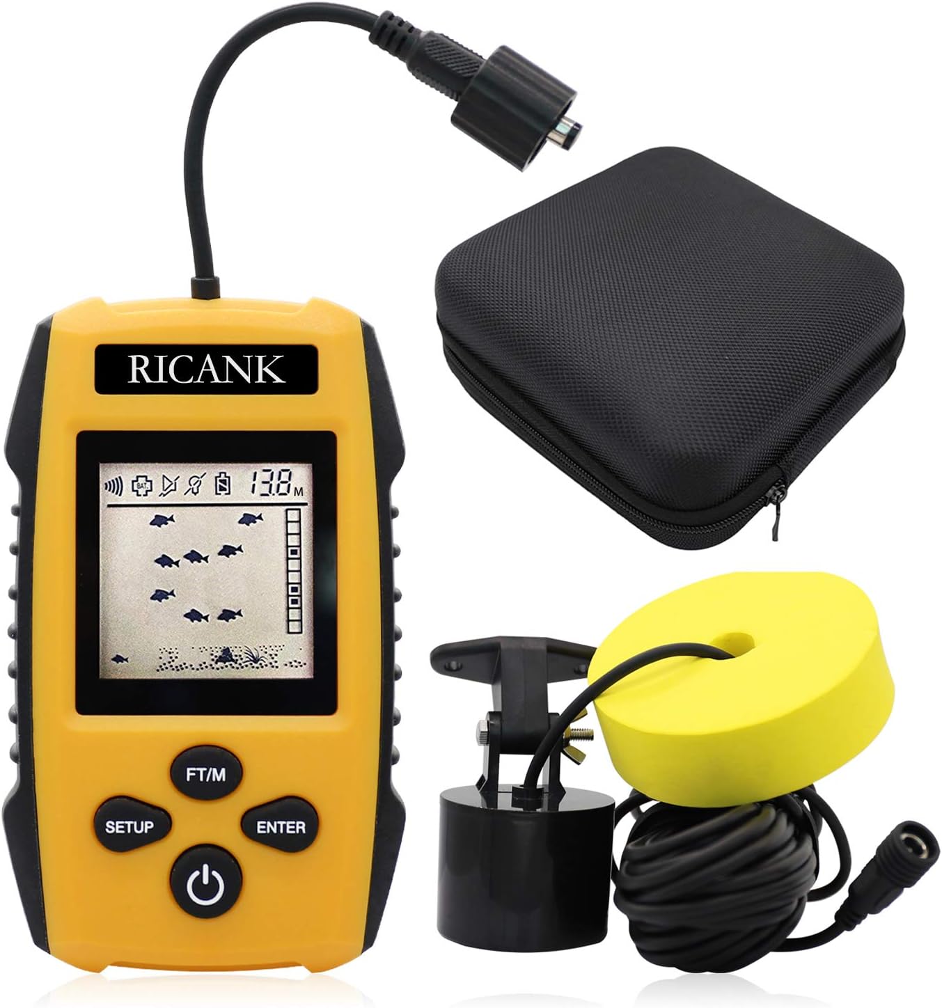 RICANK Portable Fish Finder with Hard Travel Case, Handheld Fish Depth Finder Ice Kayak Shore Boat Fishing Wired Fish Detector Device Sonar Sensor Transducer and LCD Display Pack of 2