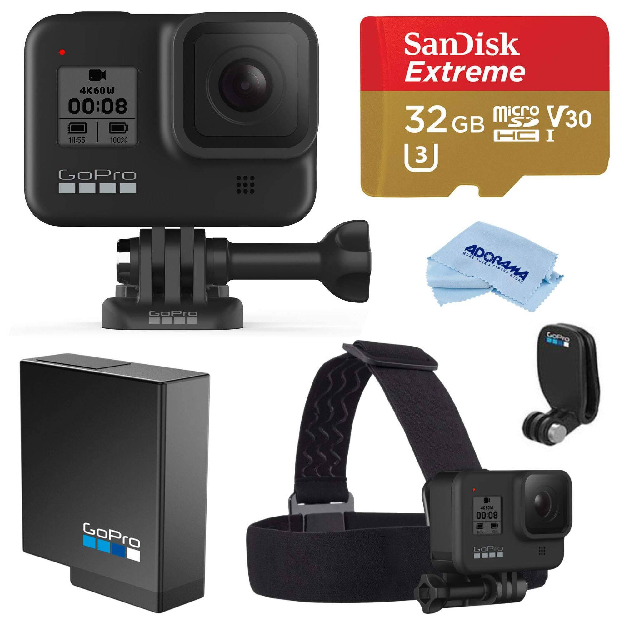 GoPro HERO8 Black, Waterproof Action Camera, Head Strap Accessory Bundle with QuickClip, battery, 32GB microSD Card, Microfiber