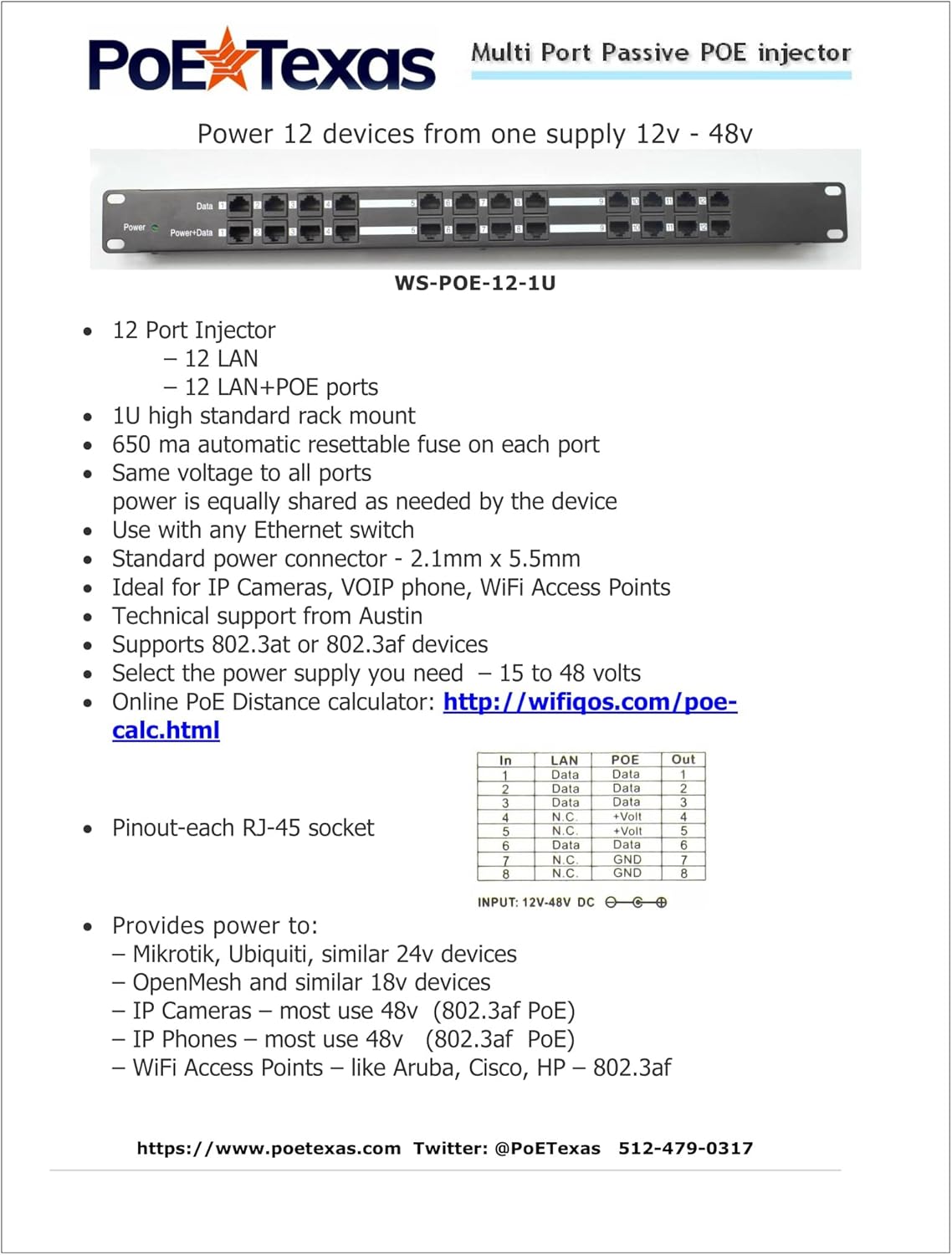 PoE Texas POE-12-24v60w | 12 Port Passive PoE Injector - Power Over Ethernet with 24 Volt 60 watt Power Supply for Ubiquiti, Mikrotik and Similar Devices Pack of 2