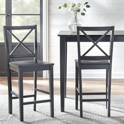 Black Counter-Height Bar Stool Set of 2: 24-Inch Balck Solid Wood Square Seat with Solid Wood Frame by Powe Andover Mills