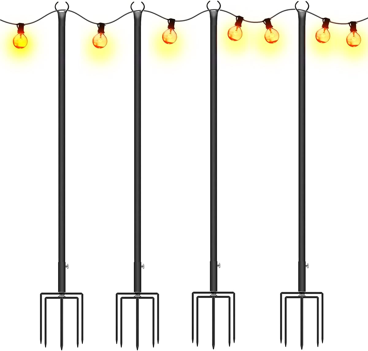 YOKWOK Outdoor String Light Pole, 8ft Sturdy Backyard Poles for String Lights, Outside Metal String Lights Pole Stand with 5-Prong Fork for Patio, Yard, Garden, Wedding and Party, 4 Pack