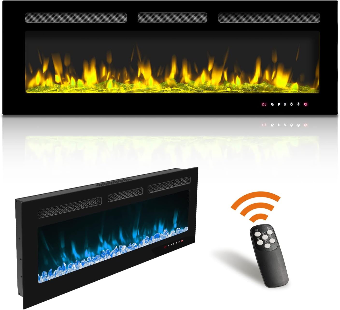 50 Inch Electric Fireplace Recessed Wall Mounted Fireplace Heater,5 Flame Settings 12 Flame Color with Remote Control Touch Screen Log and Crystal,750/1500W Heater