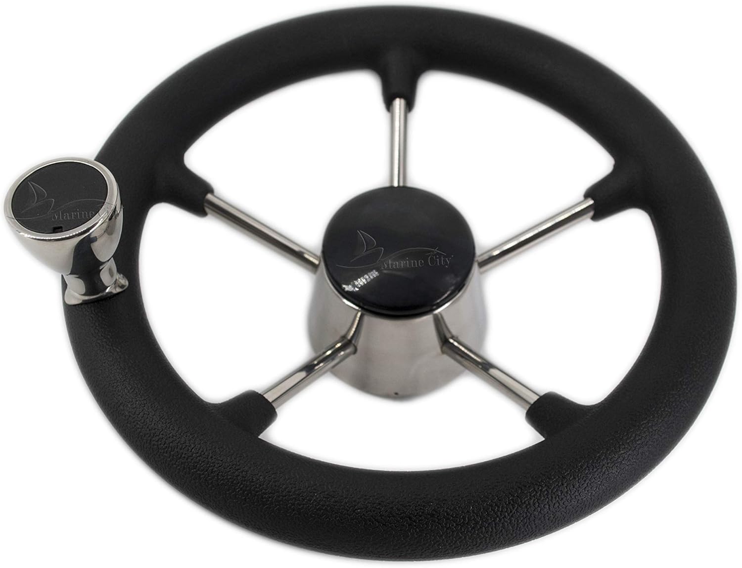 MARINE CITY 11 Inches Black Foam Grip Boat Stainless Steel Steering Wheel with Knob for Boat Yacht (Diameter: 11Inches)