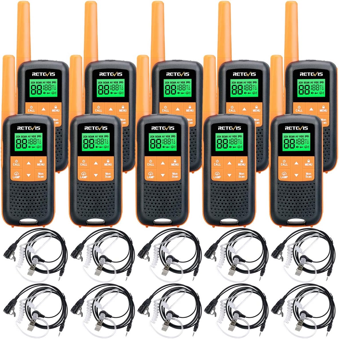 Retevis RT49 Walkie Talkies Rechargeable, Waterproof 2 Way Radio with Earpiece, IP65 Long Range Two Way Radio for Adults, Dual Watch Flashlight NOAA, for School Business Hospital(10 Pack)
