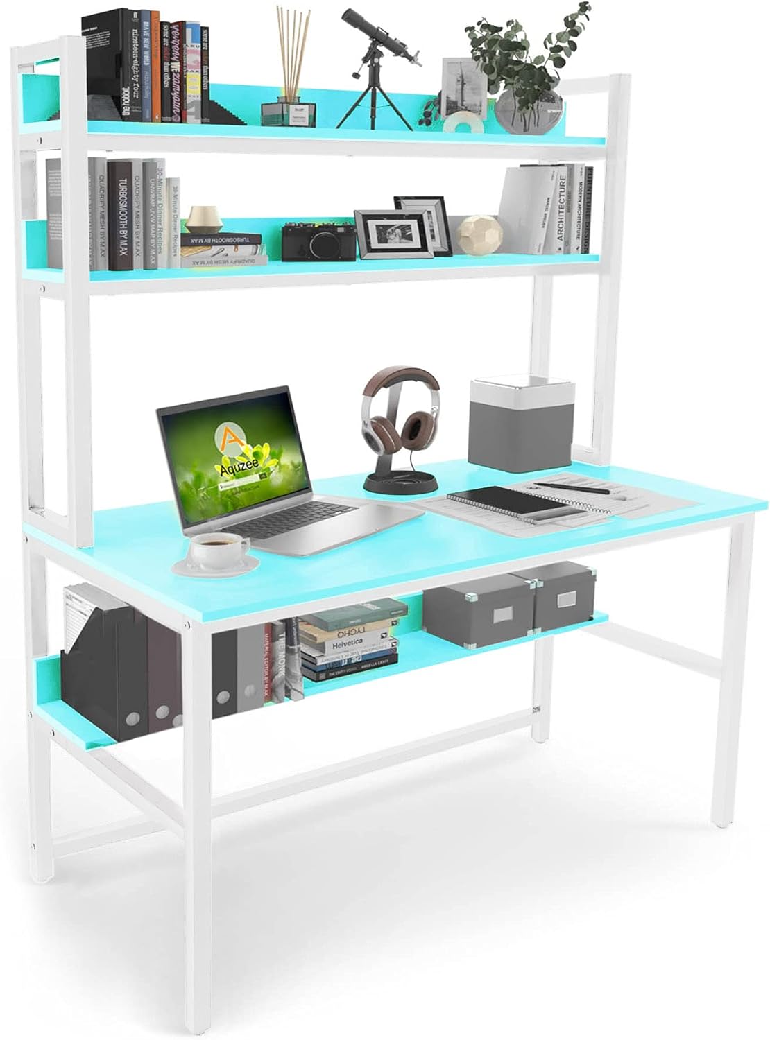 Computer Desk with Hutch and Bookshelf, 47 Inches Black Home Office Desk with Space Saving Design, Metal Legs Table Desk with Upper Storage Shelves for Study Writing/Workstation, Easy Assemble