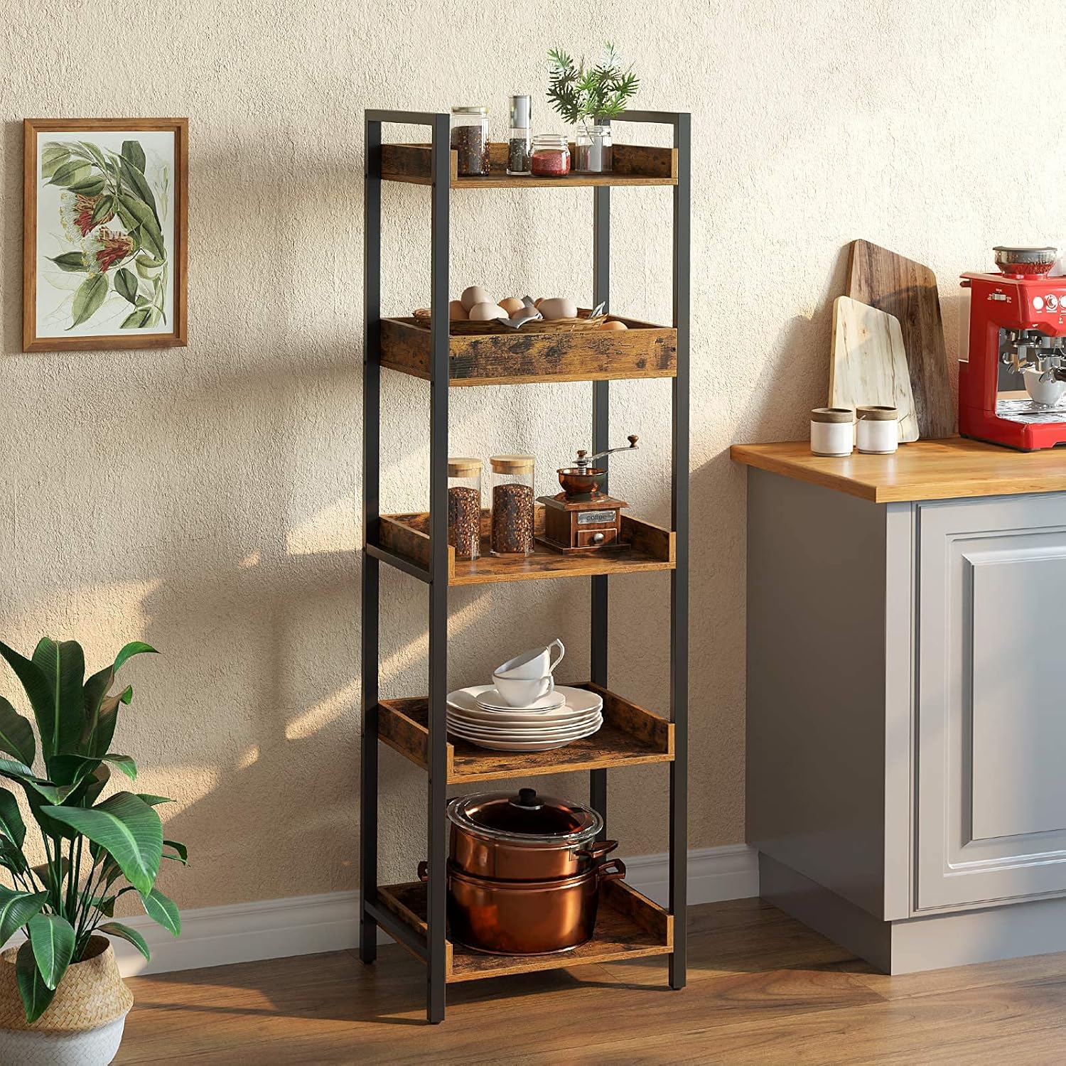 Rolanstar 5-Tier Storage Rack, Rustic Free-Standing Shelf Units, Narrow Display Wood Shelves with Top Edge Metal Frame, Side Corner Bookshelf for Living Room, Bathroom, Balcony, Kitchen, Rustic Brown