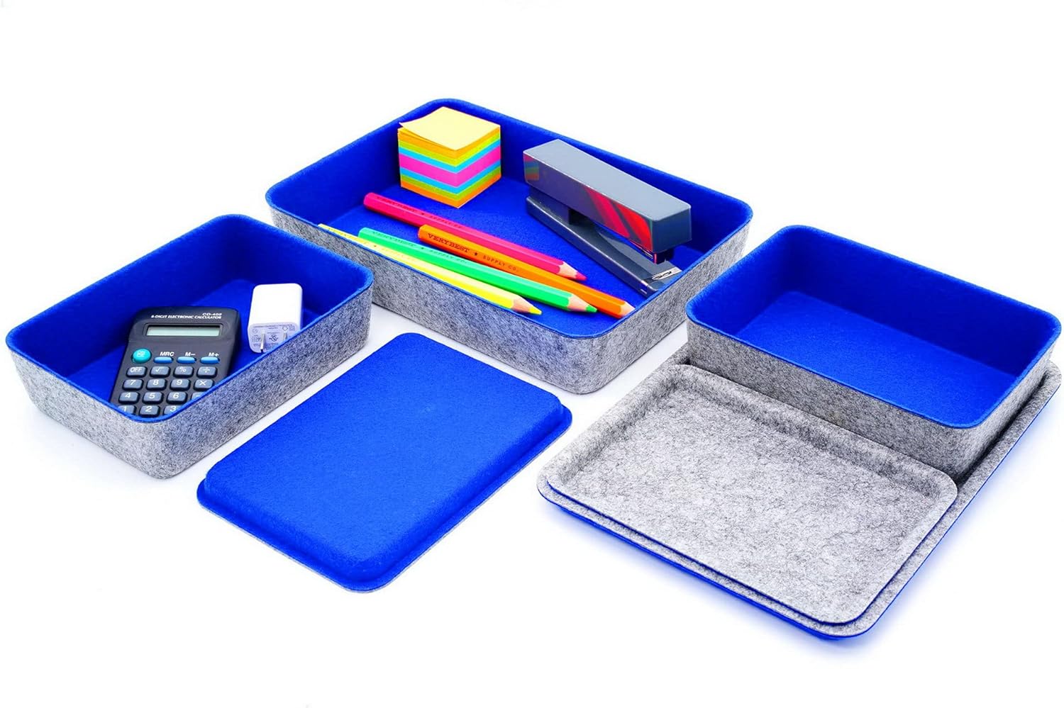 Welaxy Felt Drawer Organizer Trays with lids Desktop Organizer Bins Storage bin for Junk Makeup Stationery Organize 3- Pack (Yellow + SkyBlue + Royal Blue) Pack of 2