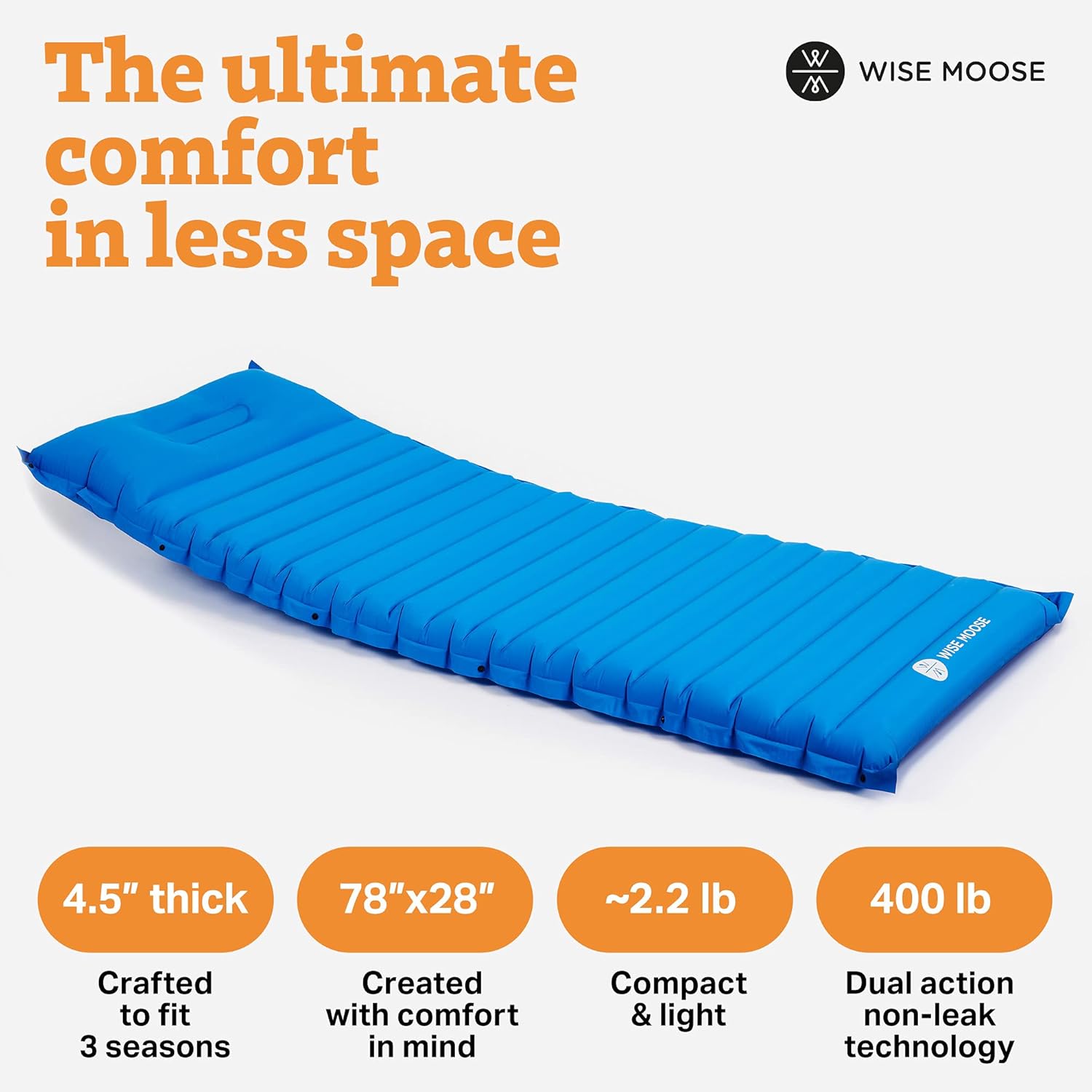 WISE MOOSE Sleeping Pad - 4.5 Inch Thick Camping Mattress, Ultralight Camping Pad, Inflatable Tent Mat for Backpacking, Hiking - Inflating Bag and Repair Kit Included