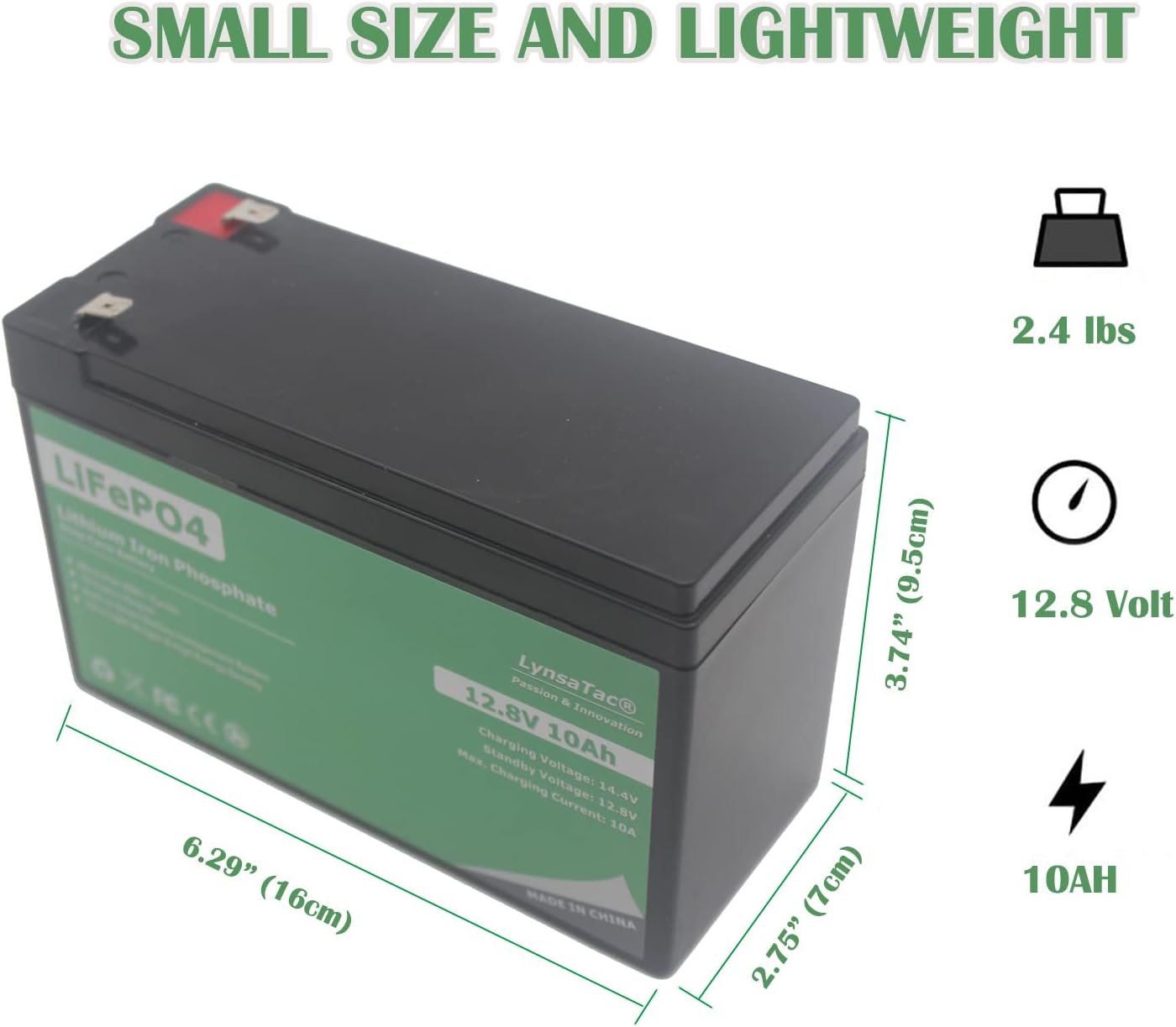 LynsaTac 12V 10Ah LiFePO4 Battery, Rechargeable Lithium Iron Phosphate Battery Deep Cycle, with Built-in Smart BMS and Low- Temperature Cut-Off, 6 Amp Discharge Rate for Solar System, Back up Power