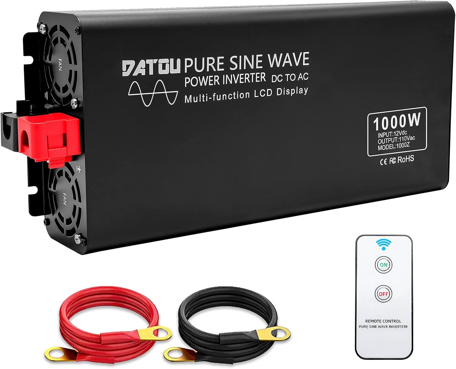 DATOU BOSS Pure Sine Wave Power Inverter 2000W/4000W Peak Car Inverter DC 12V to 110V AC Car Converter for Truck/Boat/RV/Car Solar System,2AC Outlets,LED Display,Wireless Remote Control