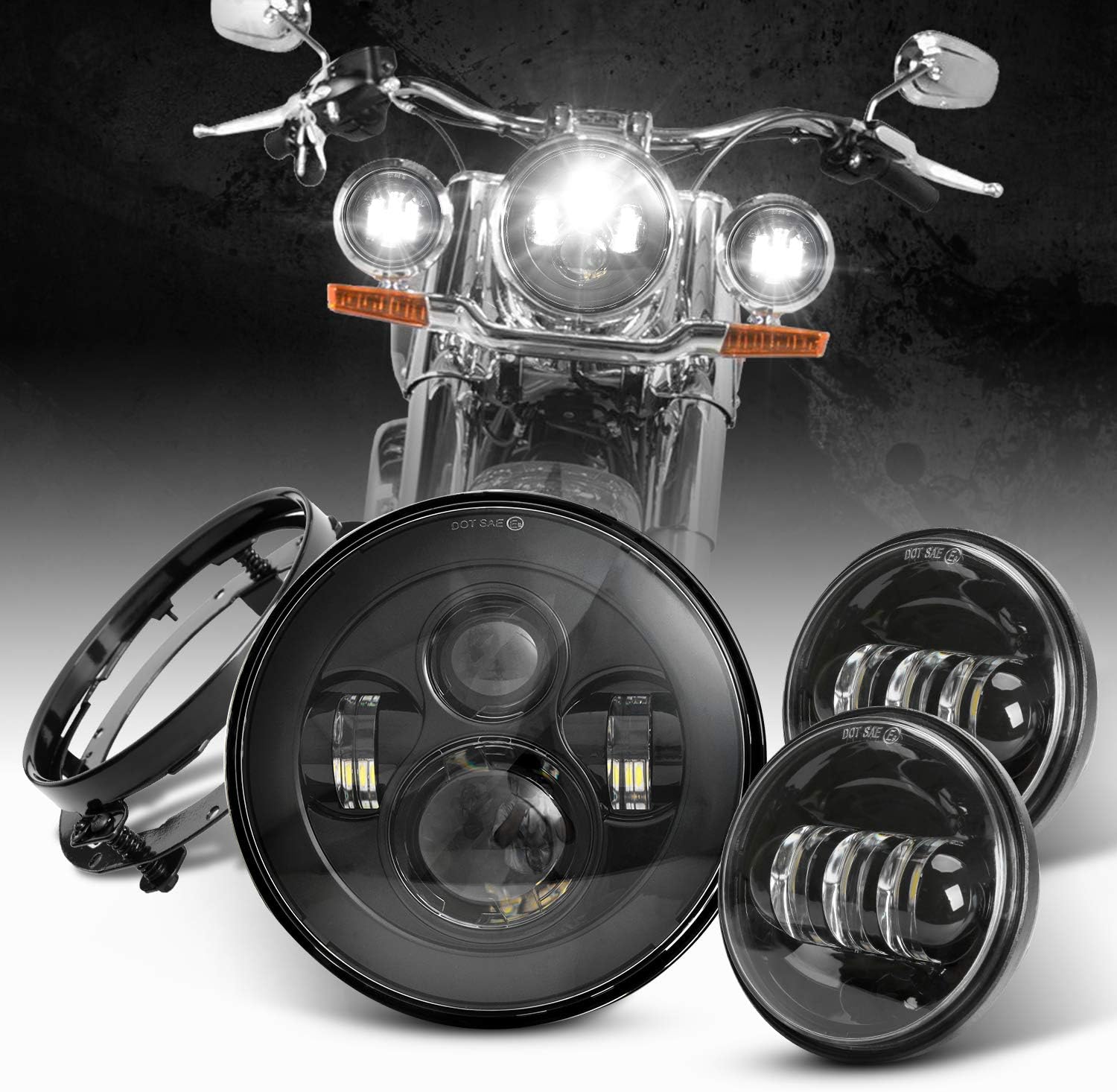 Black 7 inch LED Headlight with 4.5 inch Matching Black Passing Fog Lamps Compatible with Motorcycles with Mounting Bracket and Wire adapter