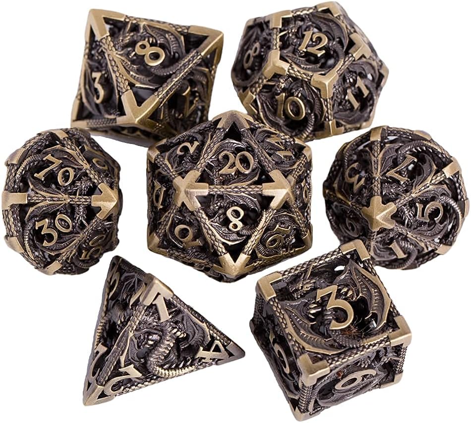 WeaponDice Hollow Metal DND Dice Set - Small Polyhedral-Sided Cubes, D4 D8 D10 D12 & D20 - Steampunk Design, Lightweight Copper Material - 3D Dungeons and Dragons Role-Playing Cube - 0.14oz - 7 Pieces Pack of 2