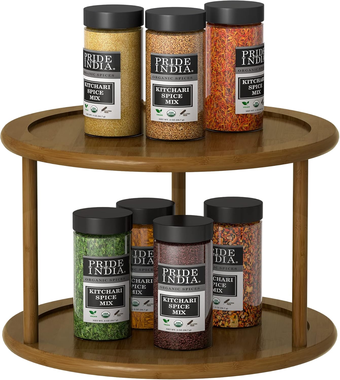 Lazy Susan Turntable For Cabinet - 2 Tier Bamboo Wooden Spinning Spice Rack Organizer, 10 Inch Walnut Color