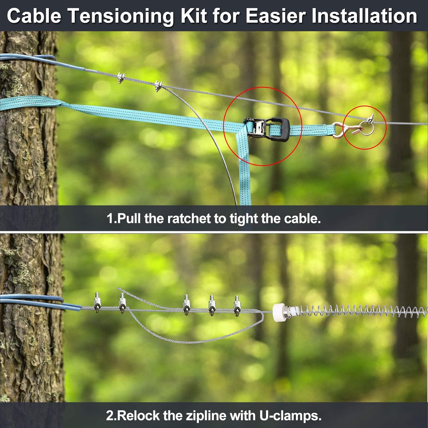 Jugader Unique Swing Seat, Zipline Kits for Backyard with Cable Tensioning Kit, Stainless Steel Spring Brake/120FT Main Cable/9.8FT Sling Cable, Trolley with Handle, Safety Harness