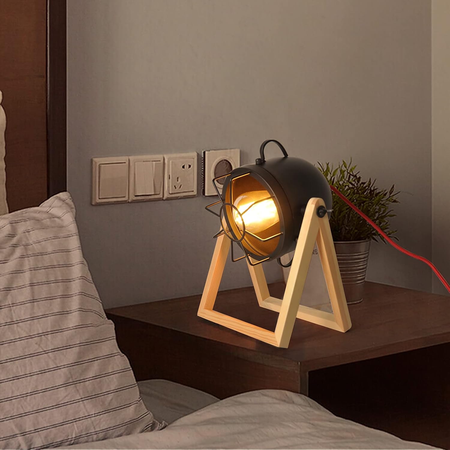 Vintage Table Lamp Old Wood, Retro Searchlight Desk Light for Rustic Decor, Farmhouse Cage Cinema Adjustable Industrial Bedside Lighting for for Loft, Studio, Bedrooms,Black (with no Bulb)