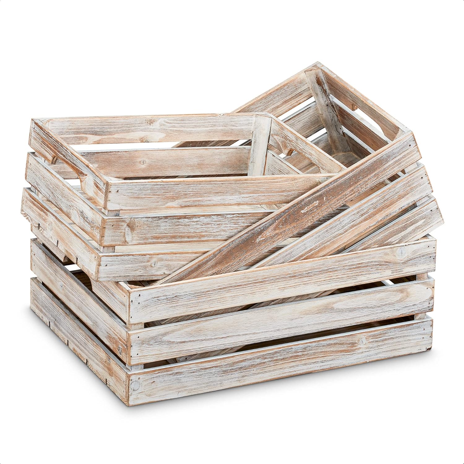 Barnyard Designs Rustic Wood Nesting Crates with Handles Decorative Farmhouse Wooden Storage Container Boxes, Set of 3, 16