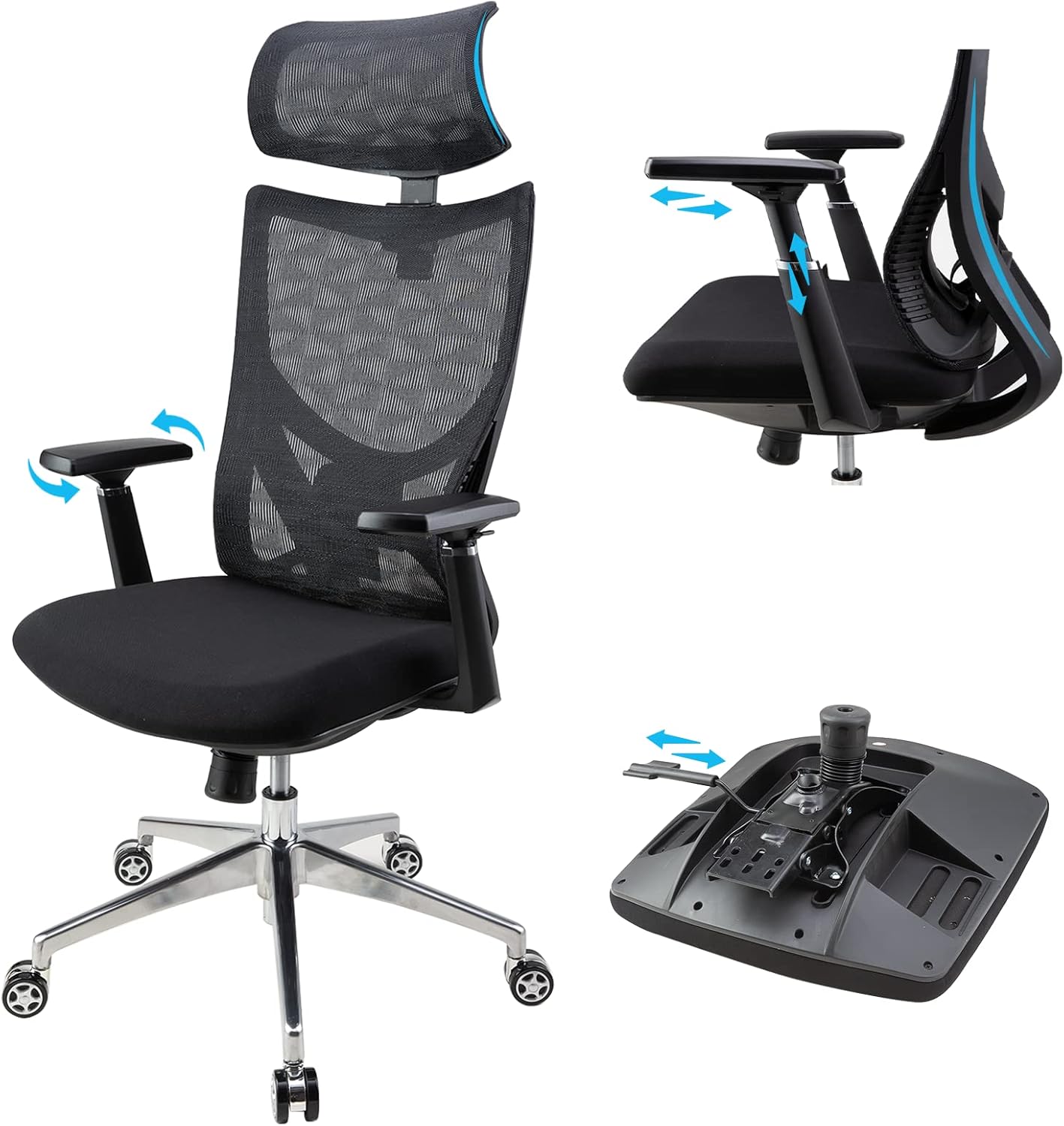 ACEGIKMOQ Mesh Office Chair Ergonomic with Footrest, Desk Chair with Adjustable High Back, Lumbar Support, Comfortable Headrest and 3D Armrest, Tilt Function and PU Wheels for Home
