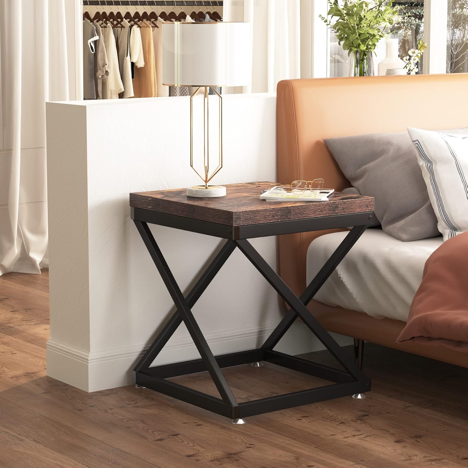 Tribesigns Industrial End Table, Wood Side Table for Living Room, Accent Bedside Table with Thicken Board and Z-Shaped Base for Bedroom & Small Spaces, Rustic Brown Pack of 2